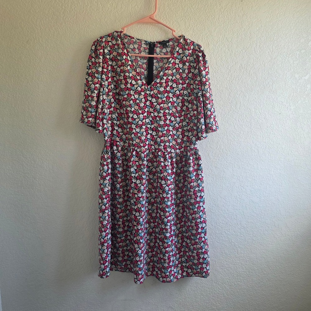 Ann Taylor Floral V-Neck Flutter Sleeve Fit and Flare Dress Pink Blue White - Picture 4 of 6